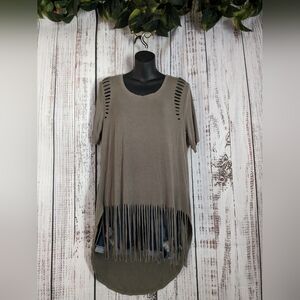POL Olive Green Tunic Top Short Sleeves W/ Fringe Hem & Laser Cut Out Detail